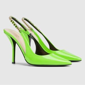Gucci Neon Green Patent Leather Slingback Pump with Gold Accent
